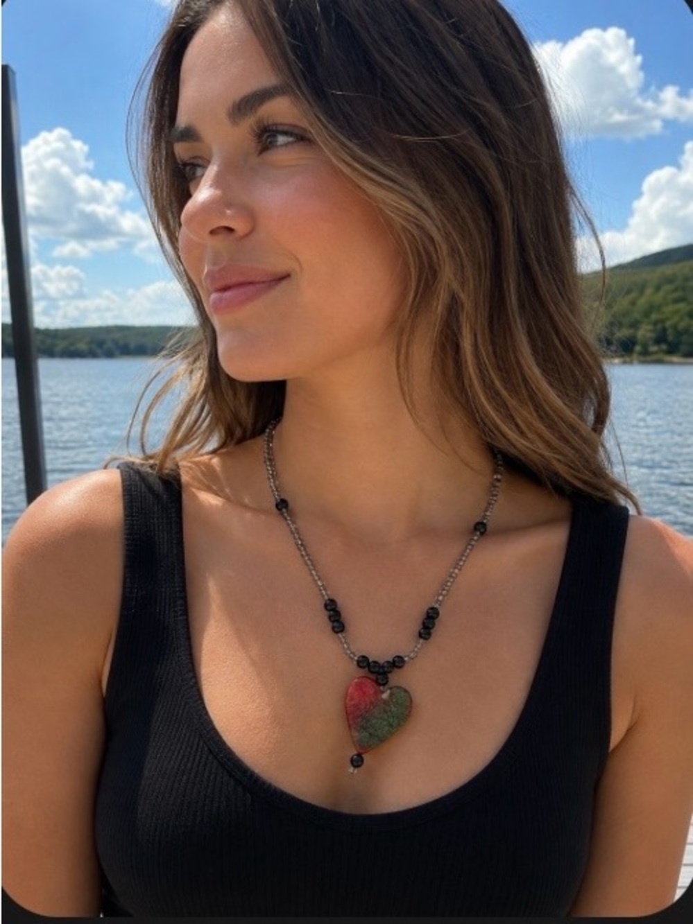 VINTAGE Artisanal Natural Unakite Stone Heart Beaded Necklace